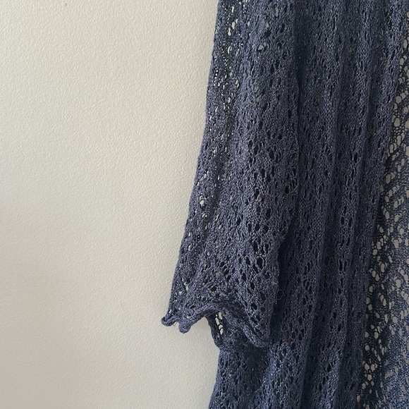 EILEEN FISHER 100% Wool Crochet Lace Open Front Cardigan Duster Navy Sz Large - Picture 3 of 5